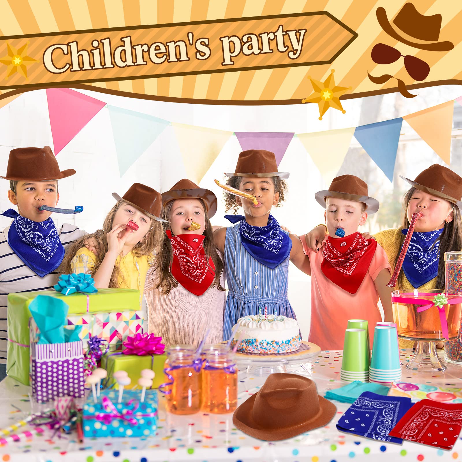 Haysandy 24 Pcs Western Cowboy Party Hats with Bandanas,Brown, Red, Blue