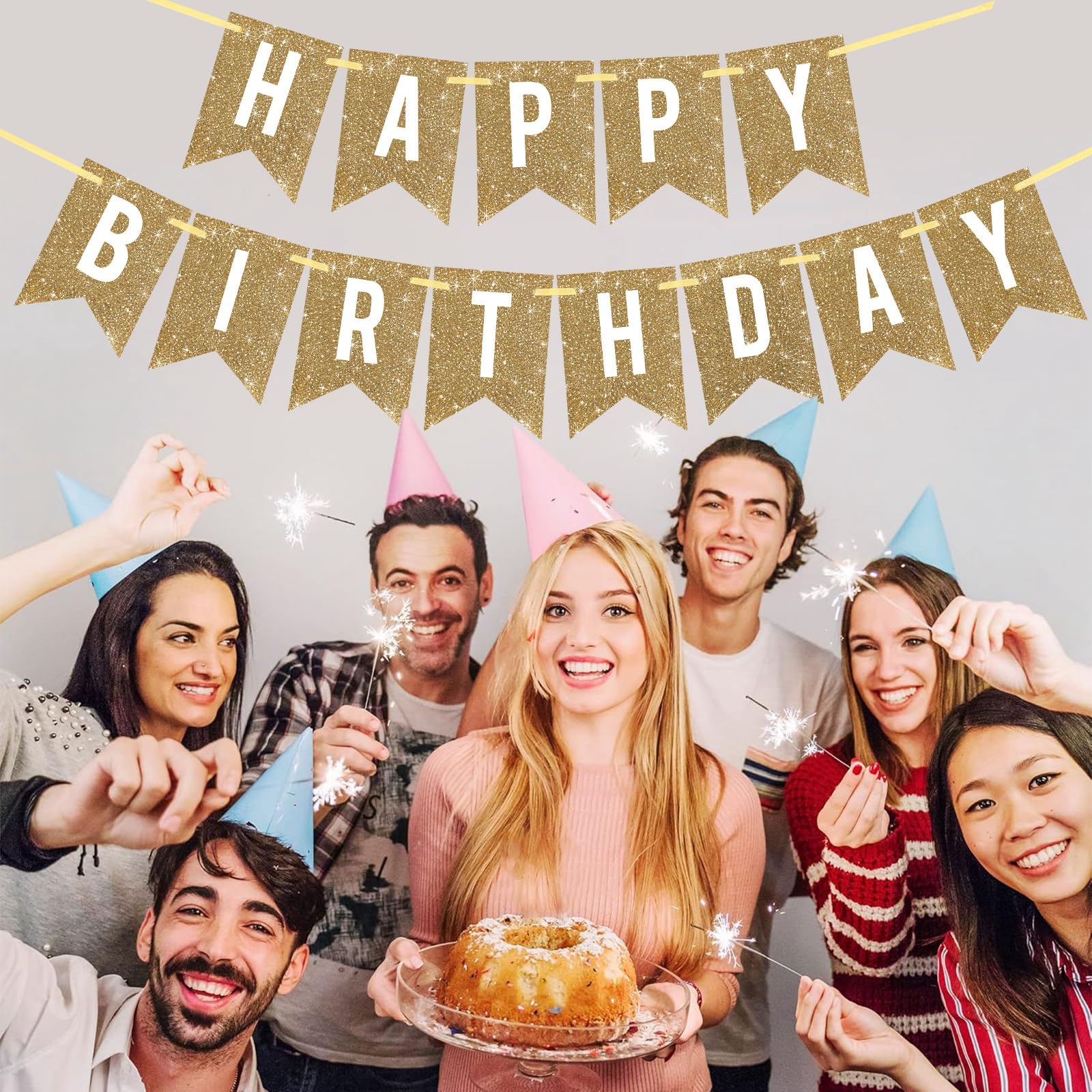 Netnology Pre-Strung Gold Glitter Happy Birthday Banner Decorations