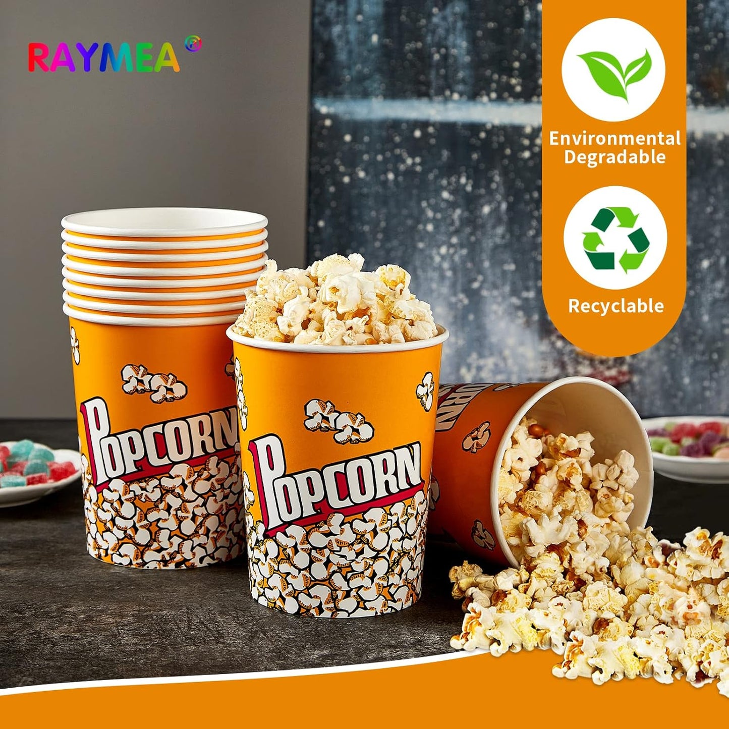 RAYMEA Popcorn Buckets Disposable 32oz Retro Style Paper Leak Proof Popcorn Containers Bowls for Family Movie Night & Party - 10 Pack