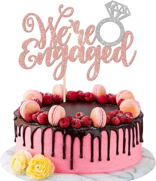 1 PCS We're Engaged Cake Topper Glitter Diamond Ring Wedding Engagement Cake Pick for Wedding Bridal Shower Theme Party Cake Decorations Supplies Gold