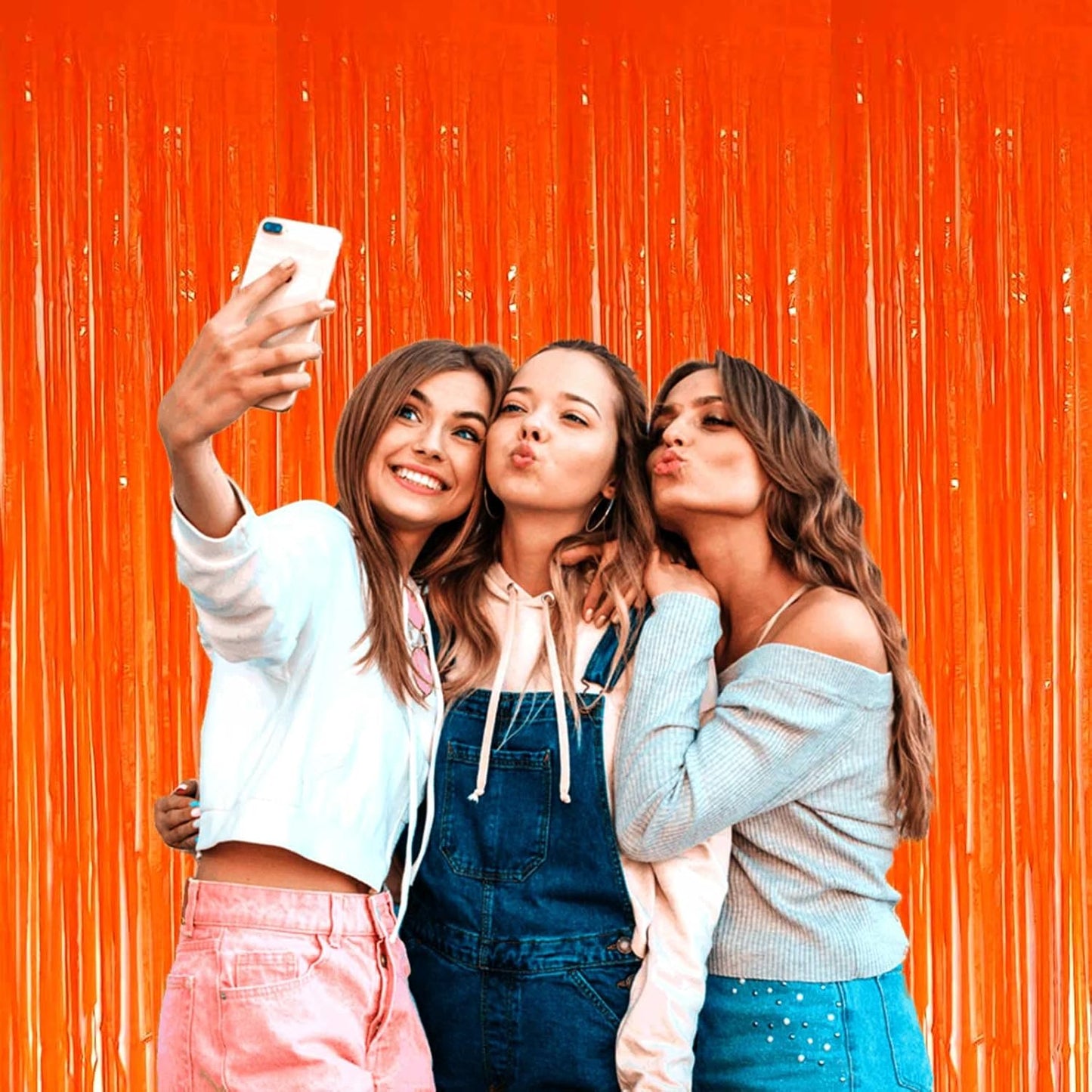 4 Pack Orange Foil Fringe Curtain Backdrop, 3.3Ft x 9.8Ft Metallic Tinsel Streamers Curtains Photo Booth, Wedding, Thanksgiving, Birthday, Christmas, Halloween Party Decor, Macaron