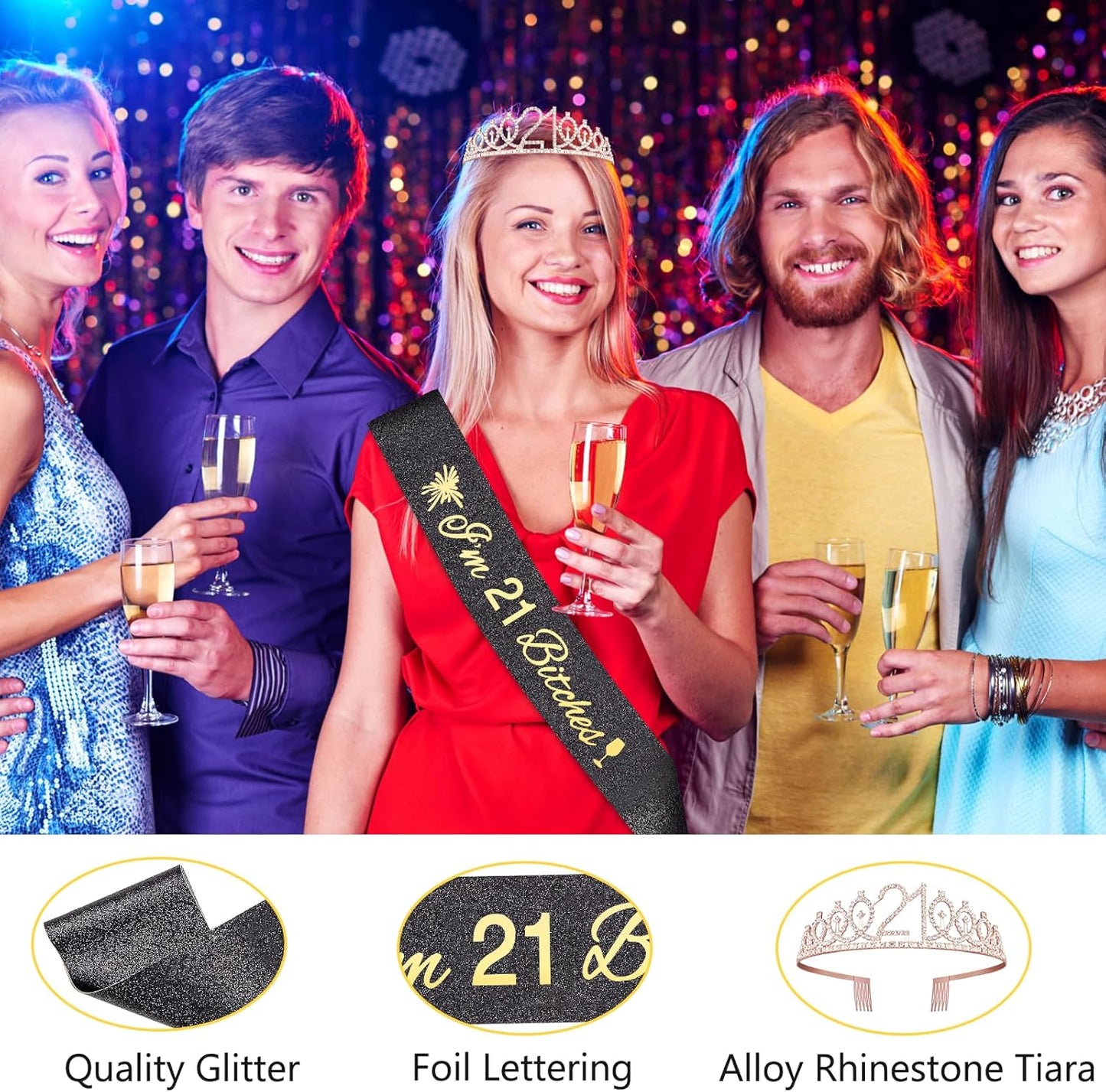 Glitter Black 21st Birthday Sash, Rhinestone Rose Gold Tiara, Cake Topper and Candles, 21st Birthday Decorations for Her