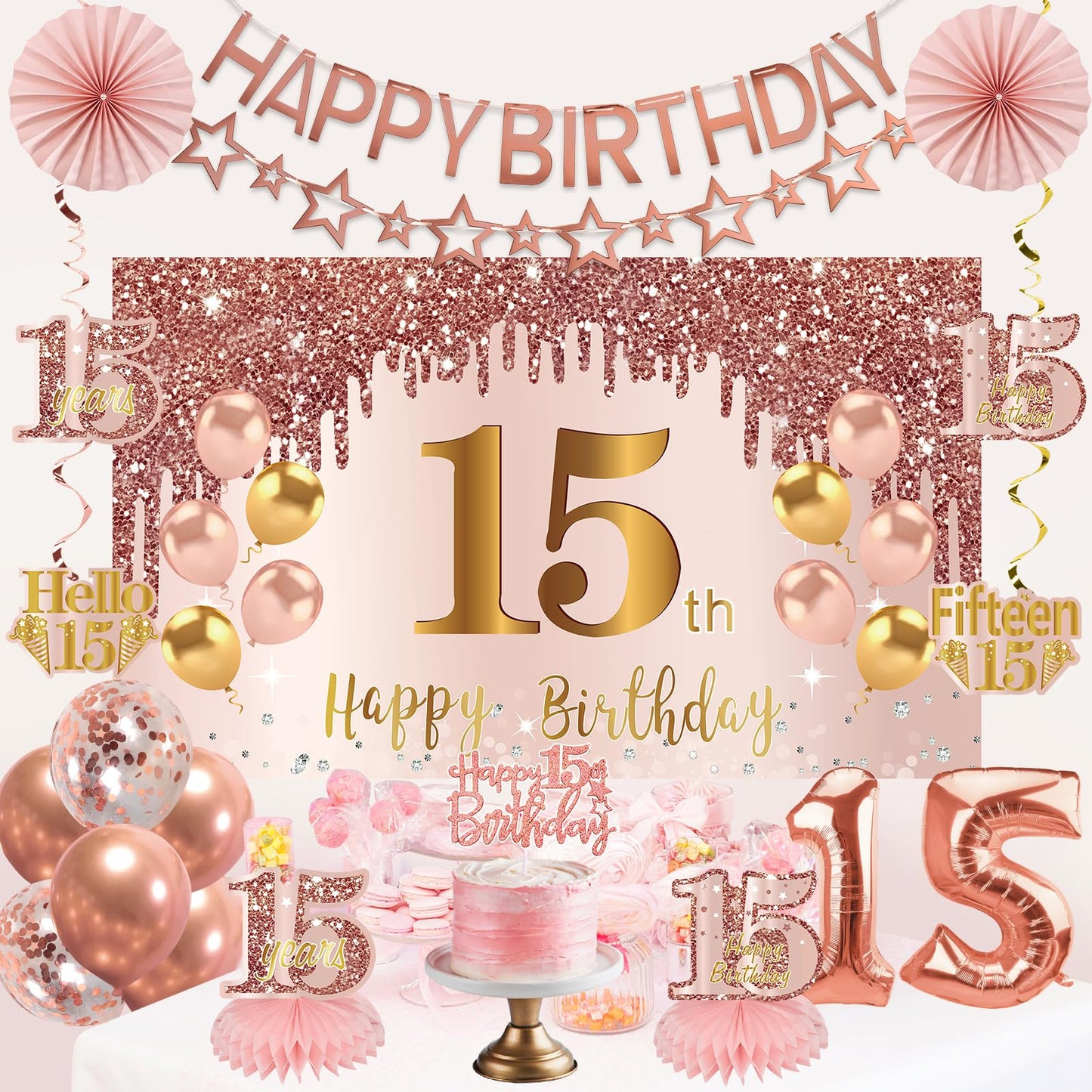 Turypaty Happy 15th Birthday Decorations Kit Girls, Pink 15 Party Supplies