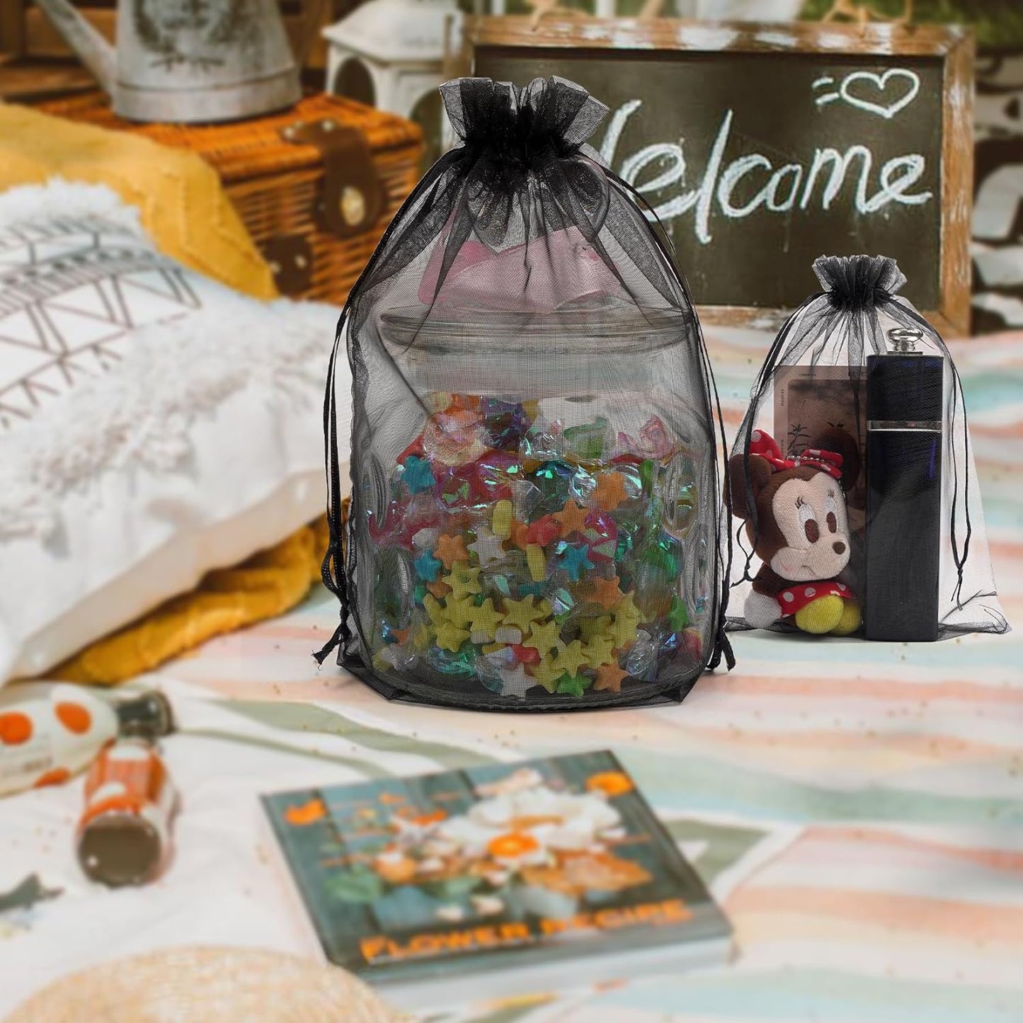 ANZNKU 100 Pack Premium Sheer Organza Bags 6x9 inches Mesh Gift Bags Drawstring for Halloween, Wedding, Festival, Makeup, Party Favor(Black)