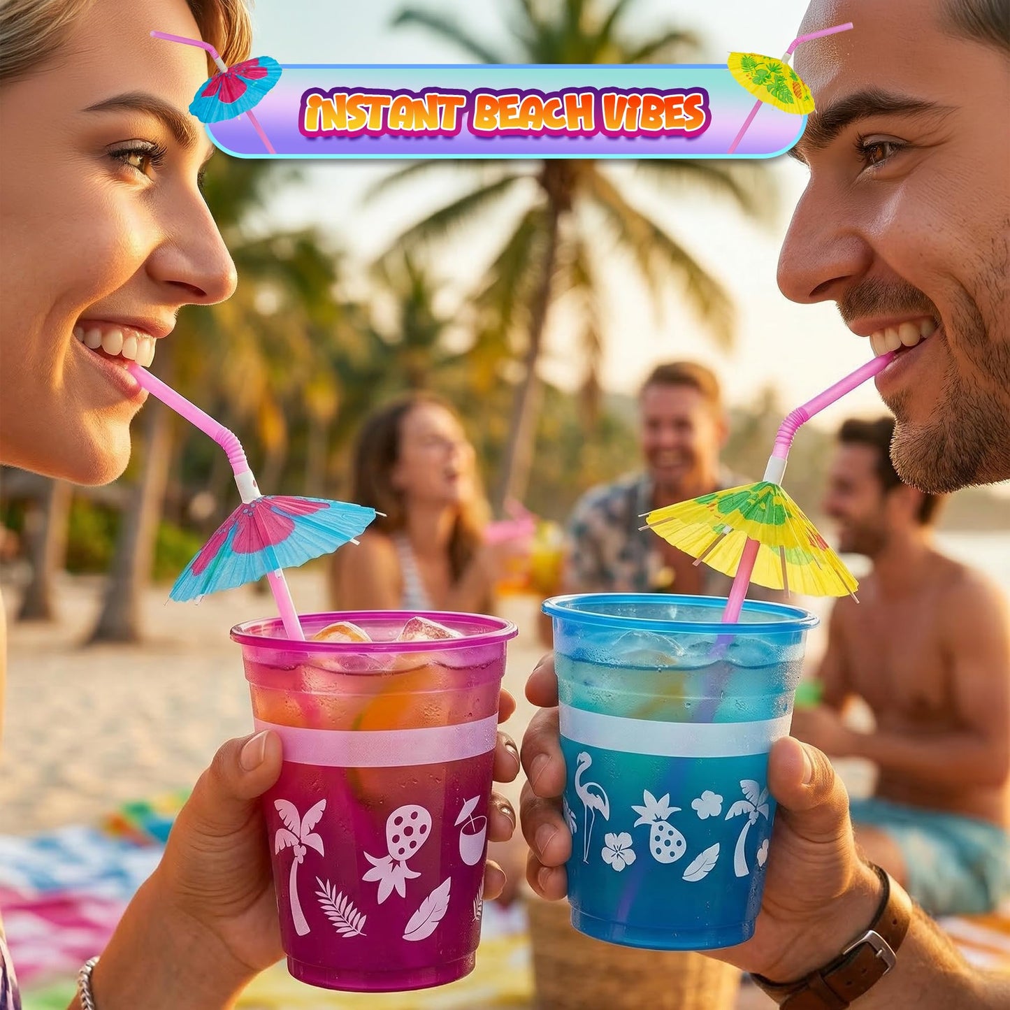 4E's Novelty 48 Packs Tropical Party Cups with Parasol Straws - Disposable Plastic Cups 16oz BPA