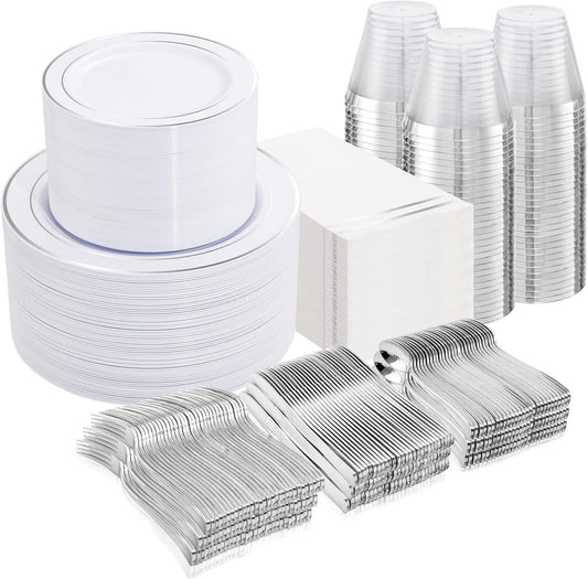 NOCCUR 700PCS Silver Plastic Plates Disposable for 100 Guests - Include 100 Dinner/Dessert White Plastic Plates with Silver Trim,300 Cutlery,100 Cups,100 Napkins for Party&Christmas