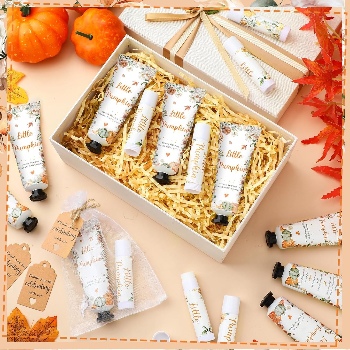 50 Sets 200 Pcs Baby Shower Hand Lotion and Lip Balm Gift Theme Baby Shower Party Favors Travel Size Hand Lotion and Lip Balm Bulk with Organza Bags Tags (Little Pumpkin)