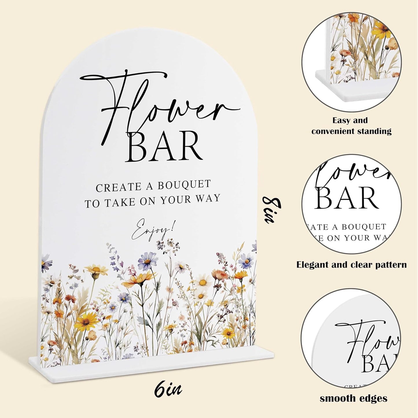 Wedding Signs for Ceremony and Reception, Boho Floral Acrylic Flower Bar Sign, Wedding Signage with Stand, Bridal Shower Table Centerpieces, Flower Bar Supplies for Engagement Reception Events, 22