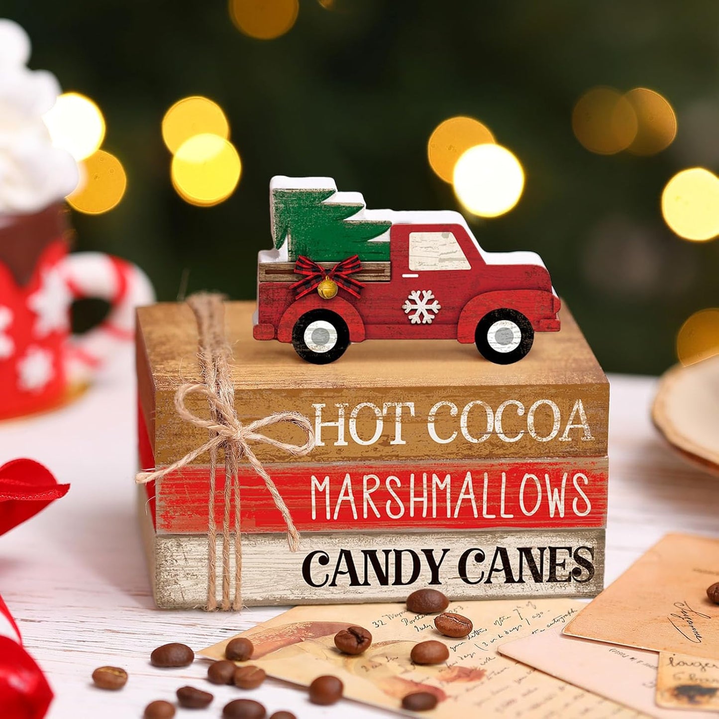 4 Pcs Christmas Table Decorations Red Truck Winter Tiered Tray Decorations Rustic Merry Christmas Table Centerpiece Wooden Books Signs for Office Shelf Classroom Tabletop Bookshelf