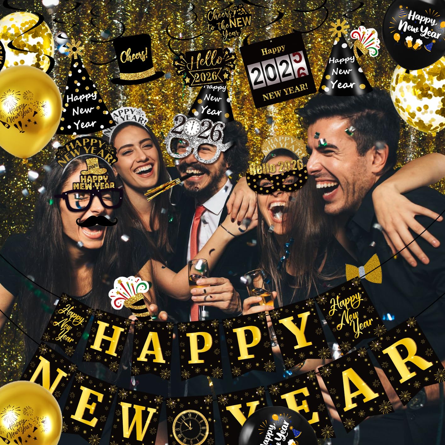 MOVINPE New Year Eve Party Decorations Kit 2026 - Happy New Year Party Supplies, Banner Cone Hats