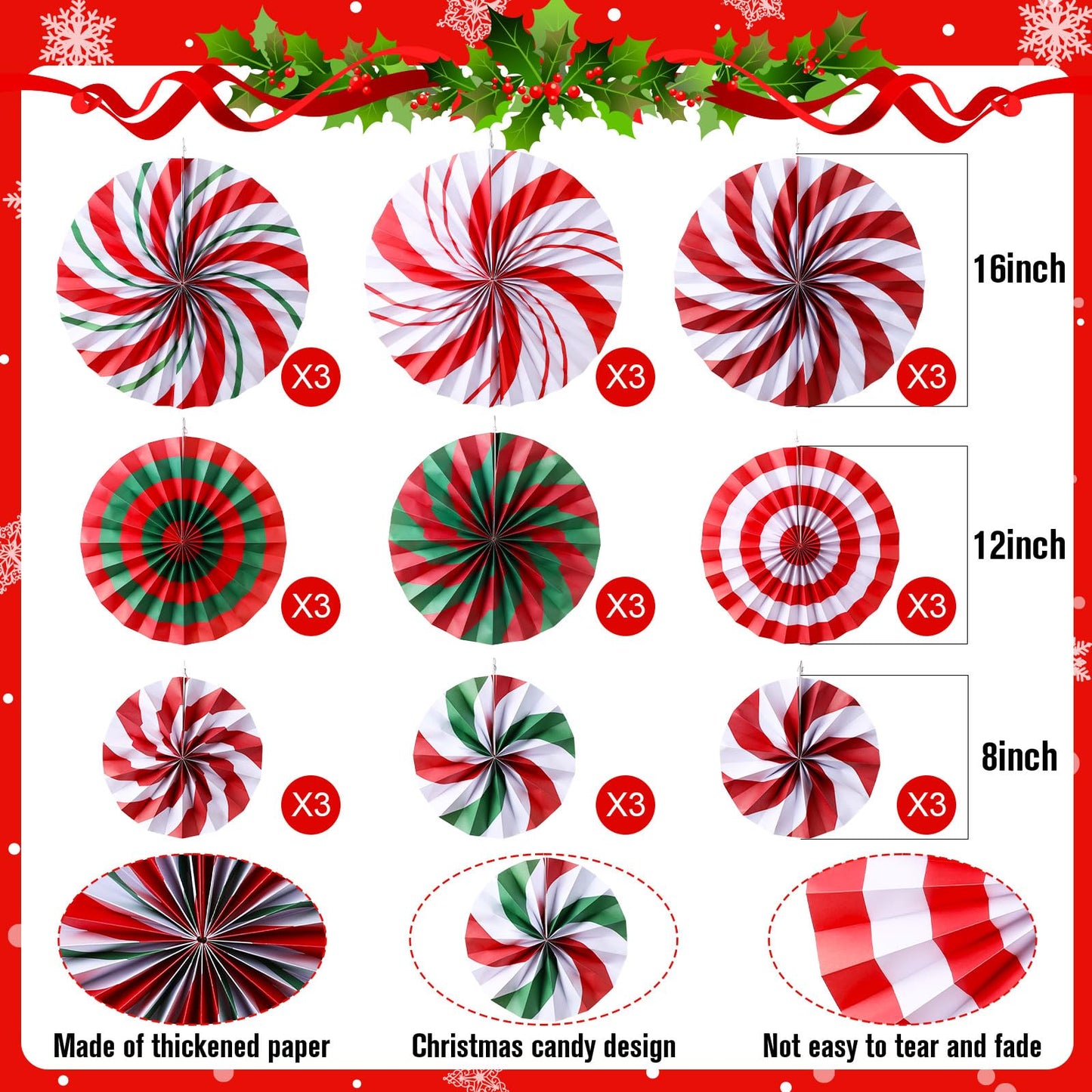 Outus Christmas Hanging Decorations Candy Paper Fans Peppermint Hanging Paper Fans Candy Cane