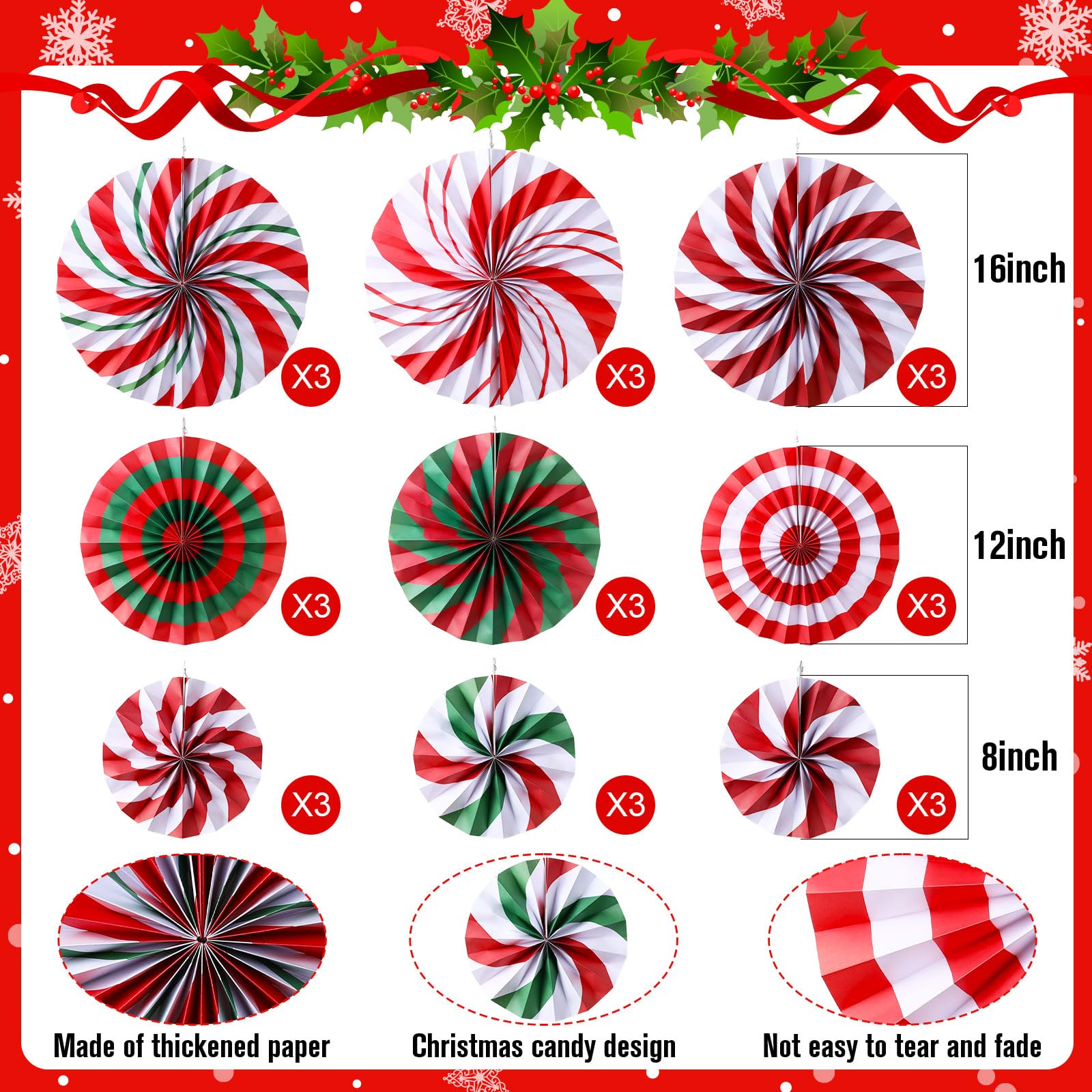Outus Christmas Hanging Decorations Candy Paper Fans Peppermint Hanging Paper Fans Candy Cane