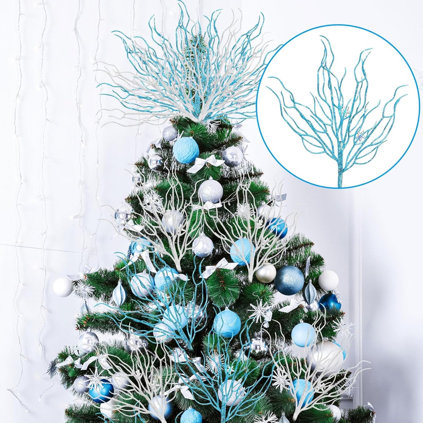 8 Pcs Blue White Coastal Ornaments for Christmas Tree 15.7inch Glitter Coral Beach Ocean Spray Pick Branch Christmas Tree Topper Decorations Filler Twigs for Xmas Vase Wreaths Gift