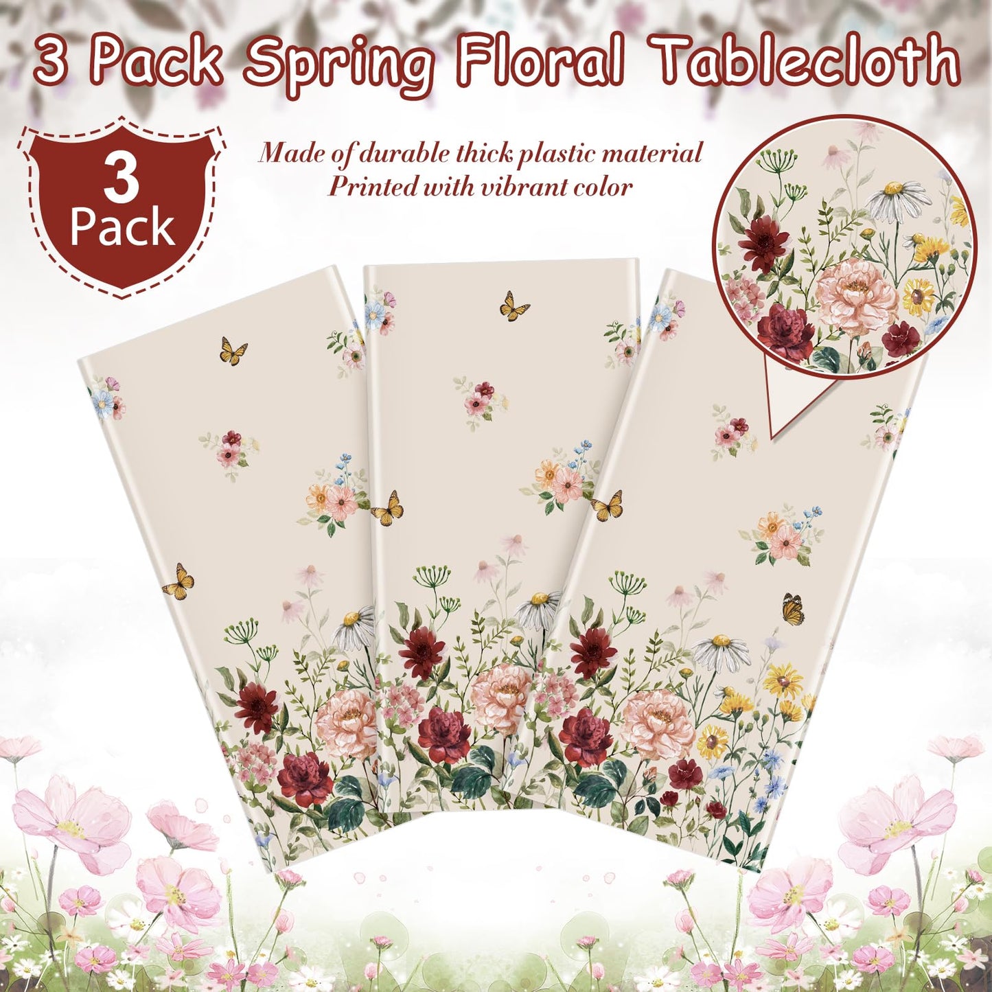 3 Pcs Spring Floral Tablecloth, Butterfly Wildflower Plastic Disposable Tablecloth Rectangle Table