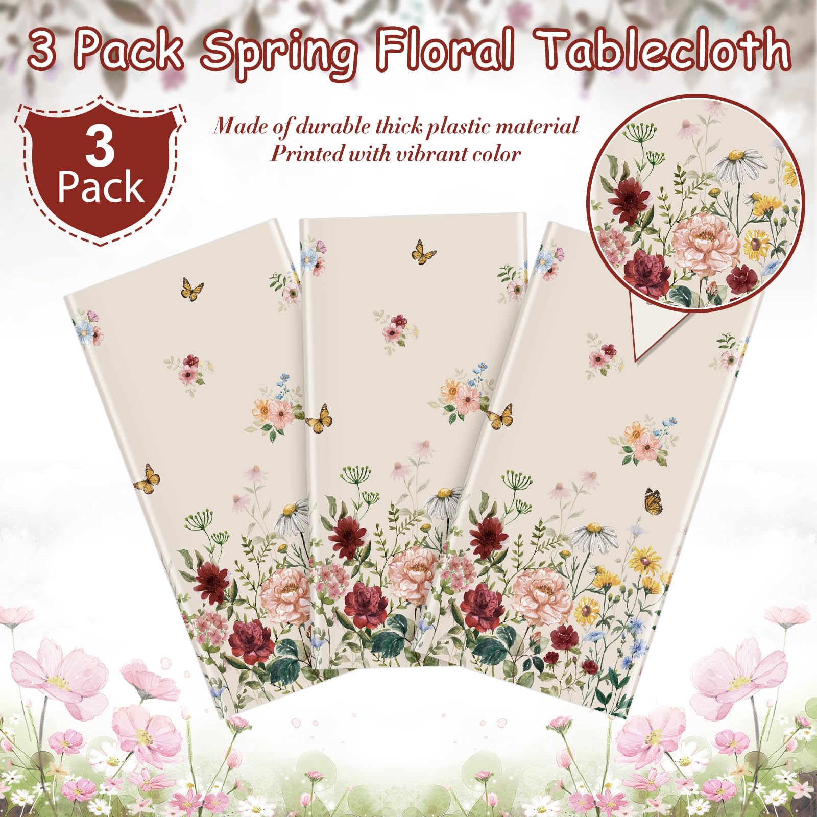 3 Pcs Spring Floral Tablecloth, Butterfly Wildflower Plastic Disposable Tablecloth Rectangle Table