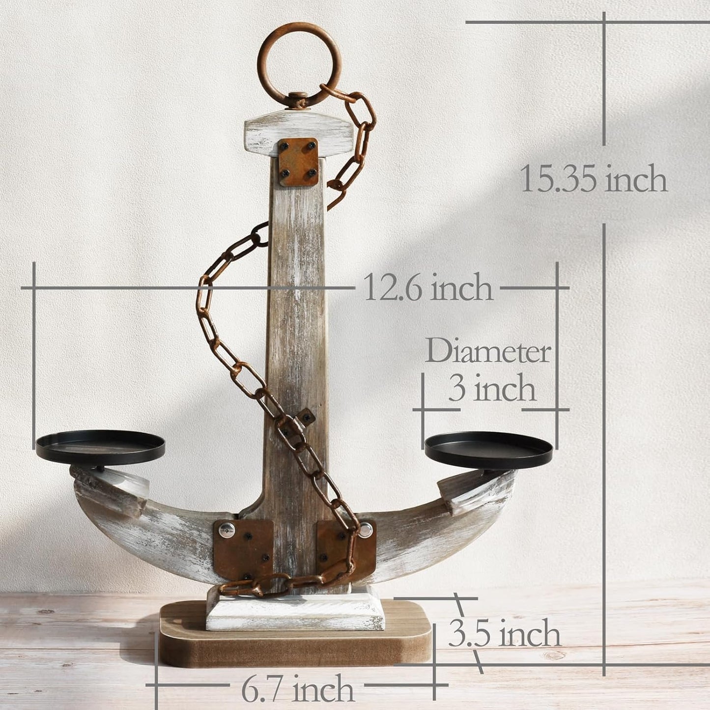 Wooden Anchor Candle Holder Coastal Decor Lake House Decor, Vintage Home Decor Candle Stand Table Centerpiece Candle Holder for 2 Candles, Nautical Decor Beach Decor Large Candles Stand