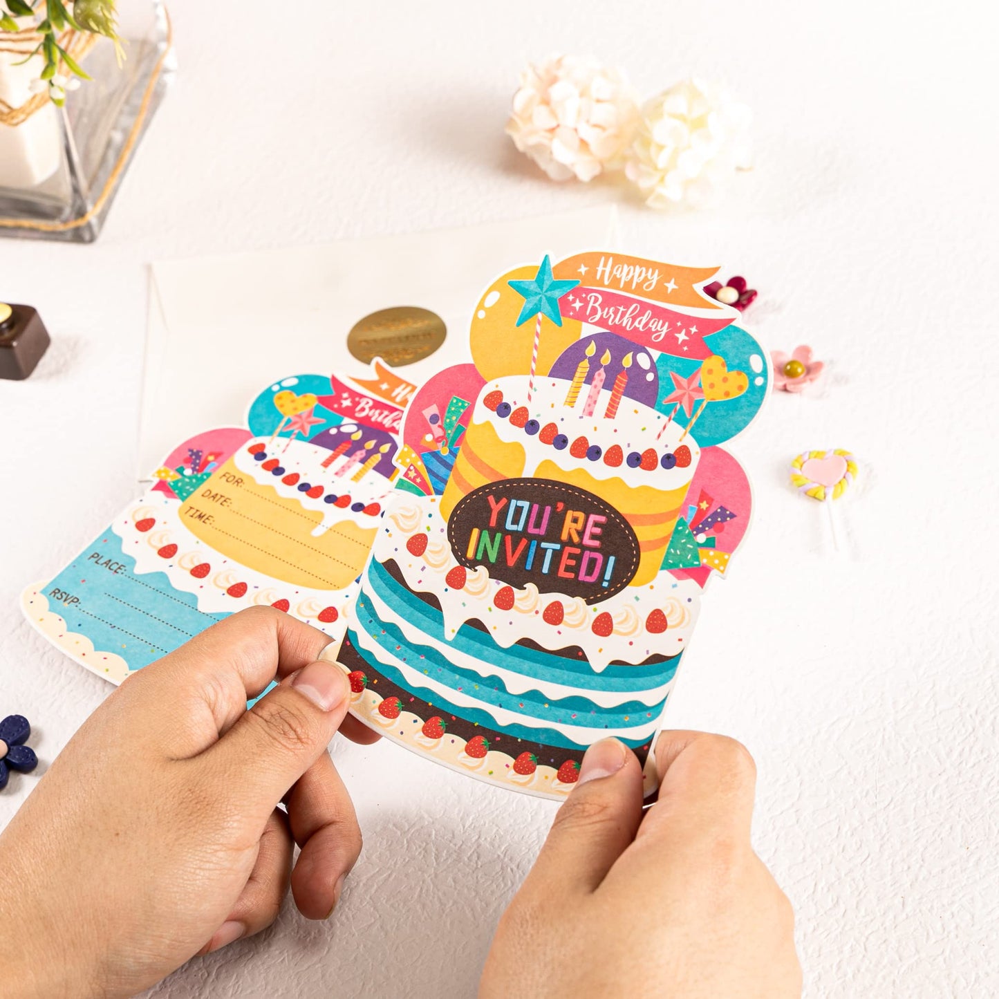 WISHGIFT 25Pcs/Set Birthday Party Cake Invitations with Envelopes, Kids Birthday Party Invitations