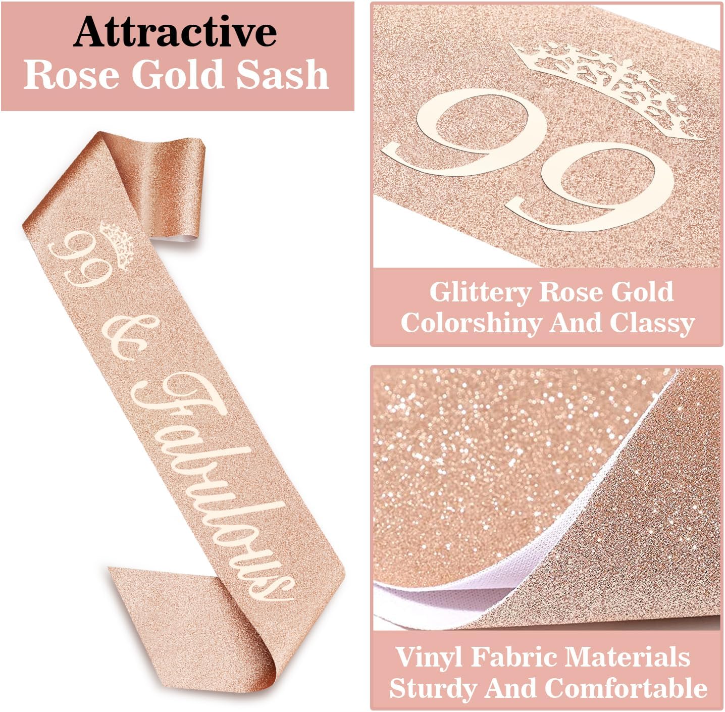 99th Birthday Decorations for Women Including Birthday Sash and Tiara, Candles and Cake Topper, Gifts for 99 Year Old Woman, Rose Gold Party Decor Supplies