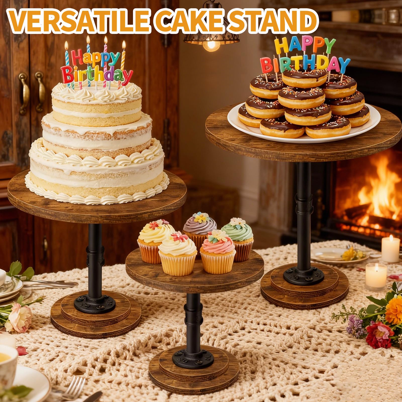 LLAXERGU Cake Stand Set of 3, Rustic Industrial Wood Round Cupcake Stands