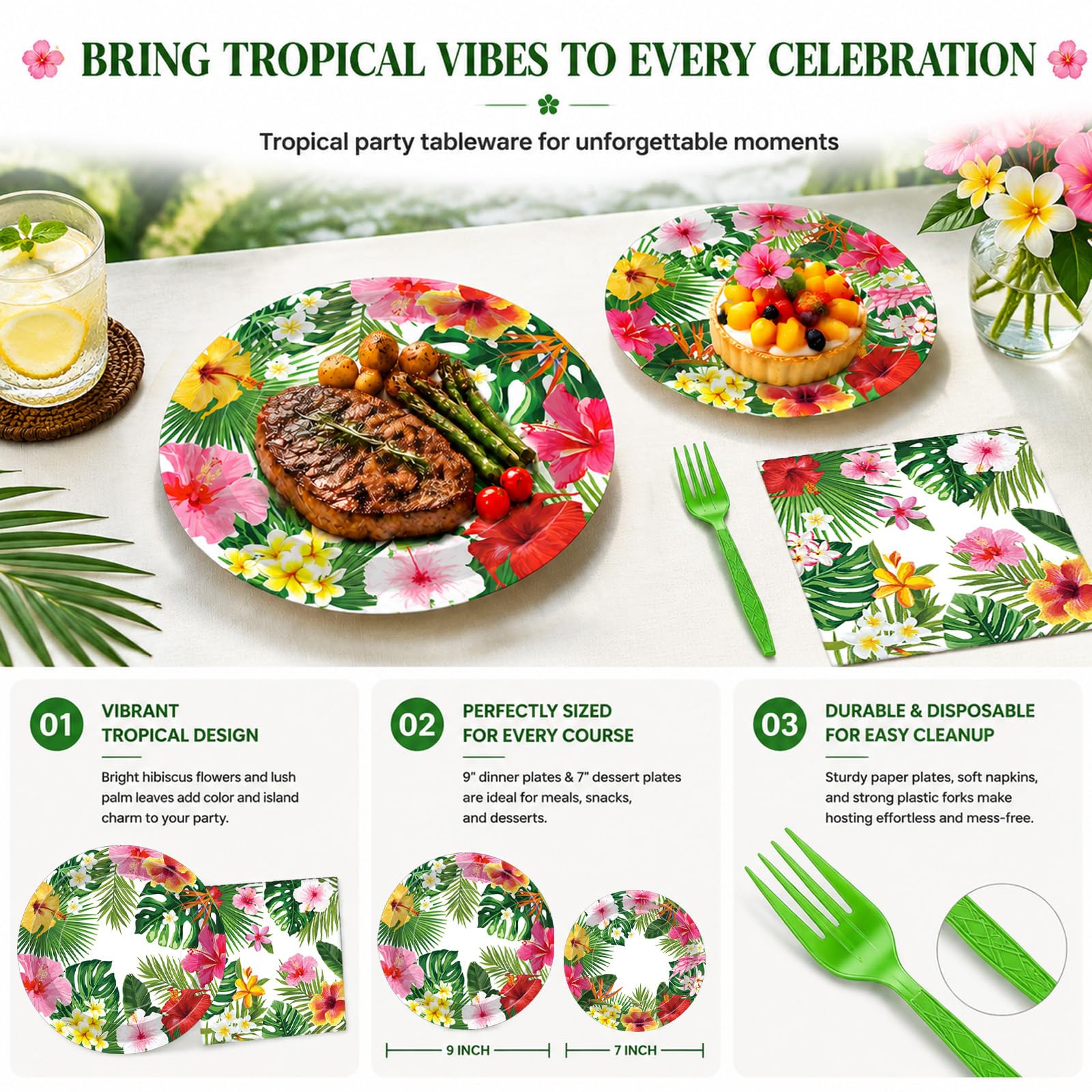 100 Pcs Tropical Luau Party Supplies Set, Serves 25 – Disposable Hibiscus Floral Paper Plates