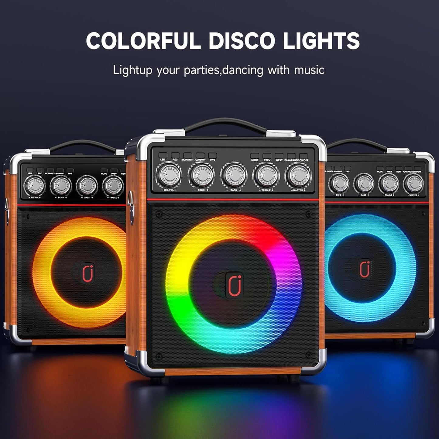 Karaoke Machine for Adults Kids, Bluetooth Speaker with 2 Karaoke Microphones, Bass/Treble Adjustment, Portable PA System with Remote Control/LED Lights for Home Party, Support USB/AUX/REC/TWS