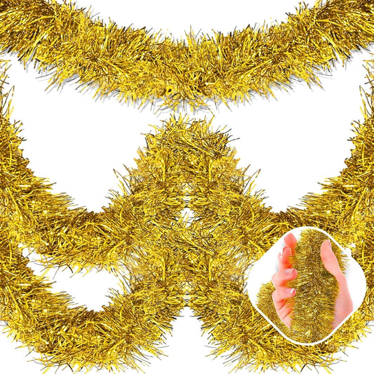 50 Feet Gold Christmas Tinsel Garland, Metallic Foil Twist Garland Wall Hanging Tinsel Banner Backdrop for Parade Floats, Easter, Mother's Day, Wedding Party Decorations (2in x 50ft)