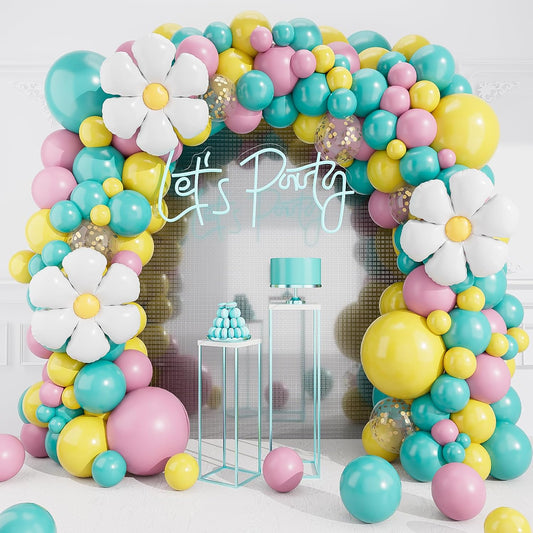 Teal Pink Yellow Daisy Garland Arch Kit, 132 Piece Blush Confetti Latex Metal Aluminum Foil Balloons for Girls Birthday Baby Shower Party Decor Supplies