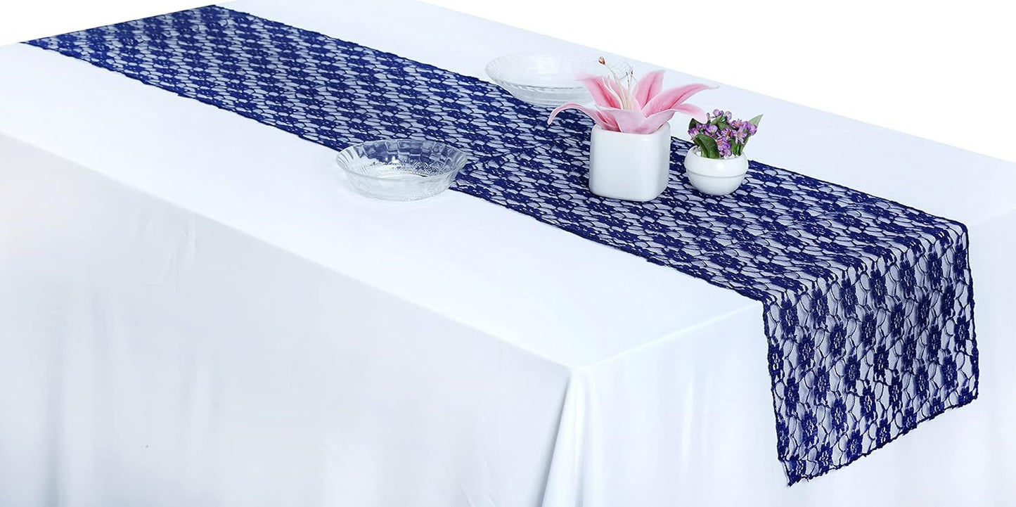 MDS Pack of 15 Wedding 12 x 108 inches Lace Table Runner for Wedding, Decorations for Birthday Parties, Banquets, Graduations, Engagements, and Runners fit Rectangle, Round Table- Navy Blue