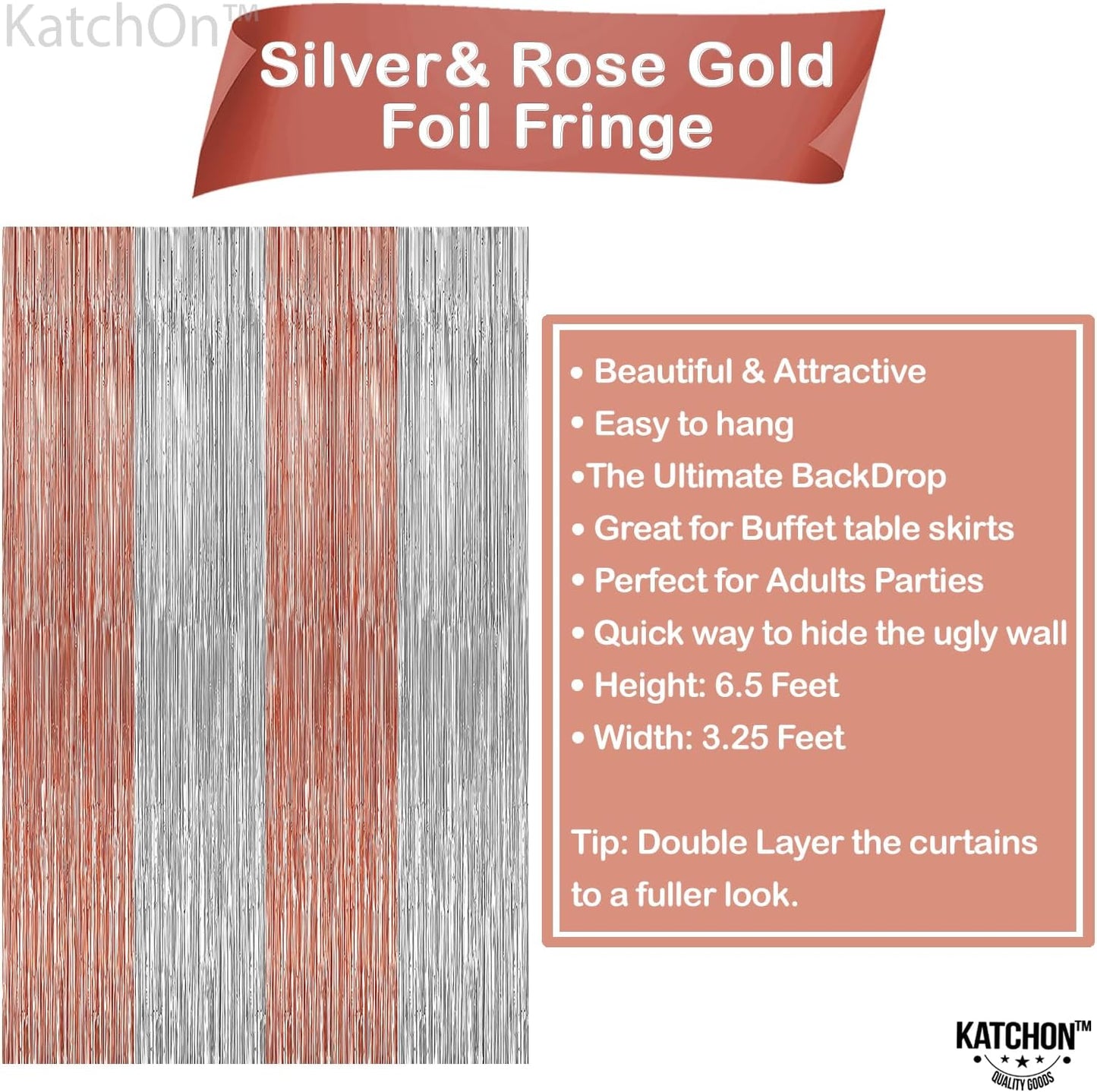 KatchOn, Large Silver and Rose Gold Fringe Backdrop, Pack of 2 | Silver & Rose Gold Streamers for Rosegold Birthday, Unicorn Party Decorations | Backdrop for Bachelorette, Bride Party Decoration