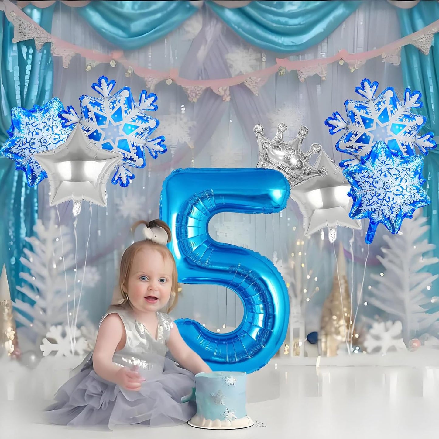 8Pcs Winter Wonderland Decorations - 40inch Blue Number 5 Balloons - snowflake balloons for Winter Wonderland Birthday Decorations