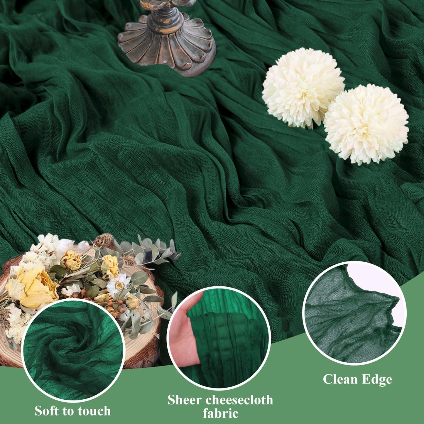 Asee'm 12PCS Table Runner Cheesecloth 10FT Emerald Green Boho Gauze Fabric Rustic Sheer Cheese Cloth Runners for Wedding Bridal Shower Party