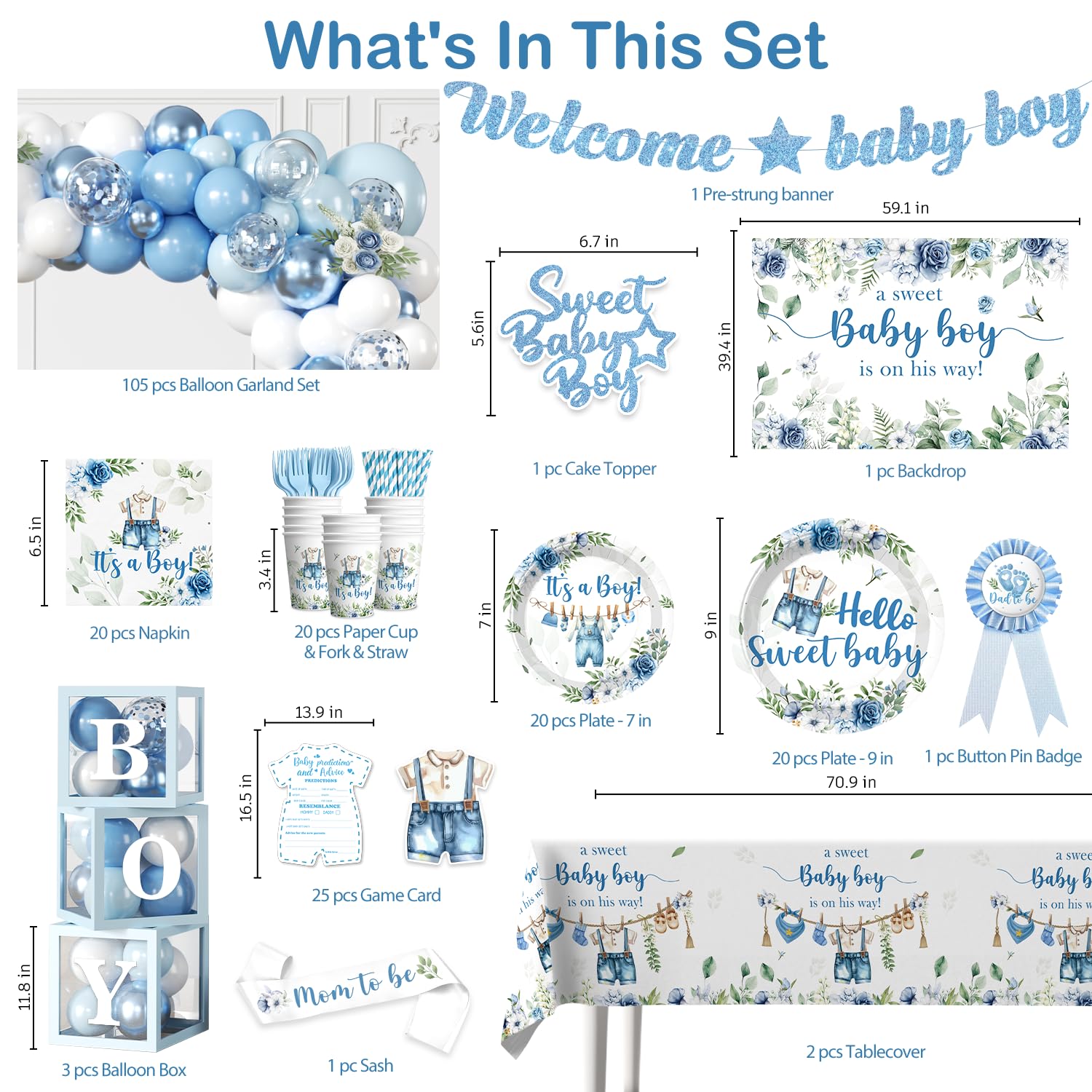 cocomigo Blue Boy Baby Shower Decorations, All-in-One Set for 20 Guests