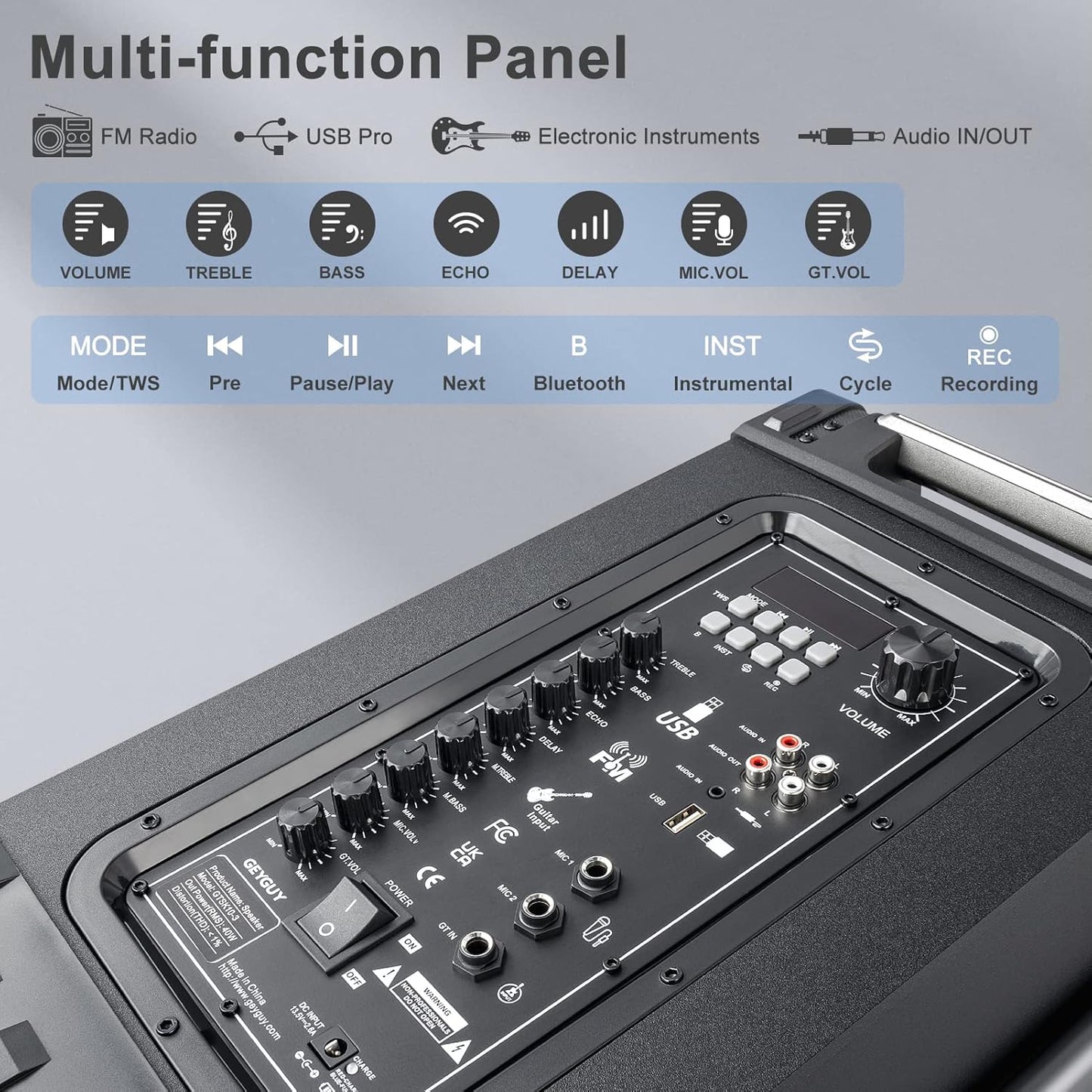 GTSK10-3 3-Way Portable Bluetooth PA Speaker with Wireless Microphones, 10" Subwoofer, Party Speaker with DJ Lights, USB/FM/TWS/Guitar Input, Rechargeable for Outdoor Events
