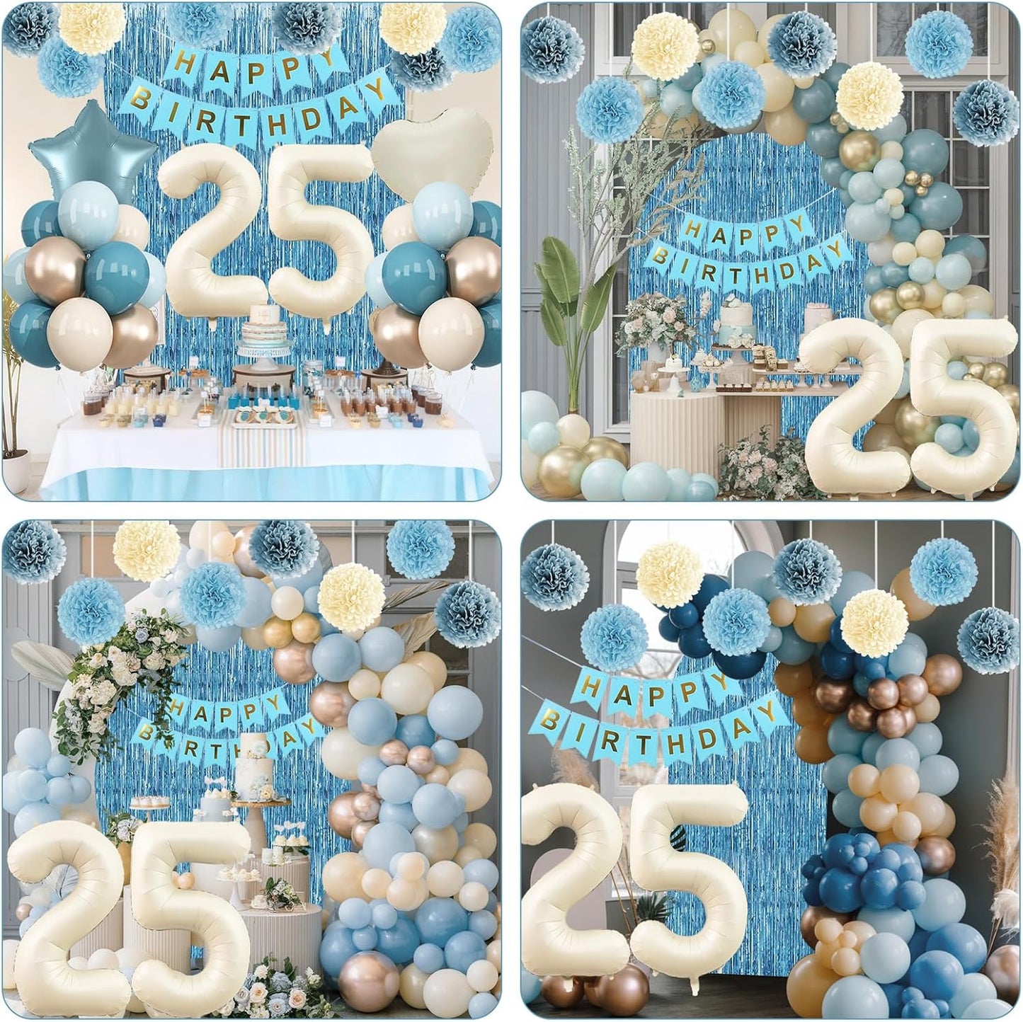 Dusty Blue 25th Birthday Party Decorations for Her Him Beige Cream Number 25 Balloon with Blue Gold Happy Birthday Banner Fringe Curtain Paper Pom Poms Nude White Sand Champagne Star Foil Balloons