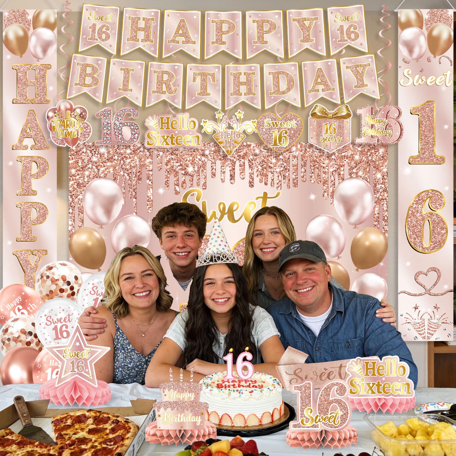Sweet 16 Party Decorations – 16th Birthday Decorations Backdrop, Banner, Honeycomb Centerpieces