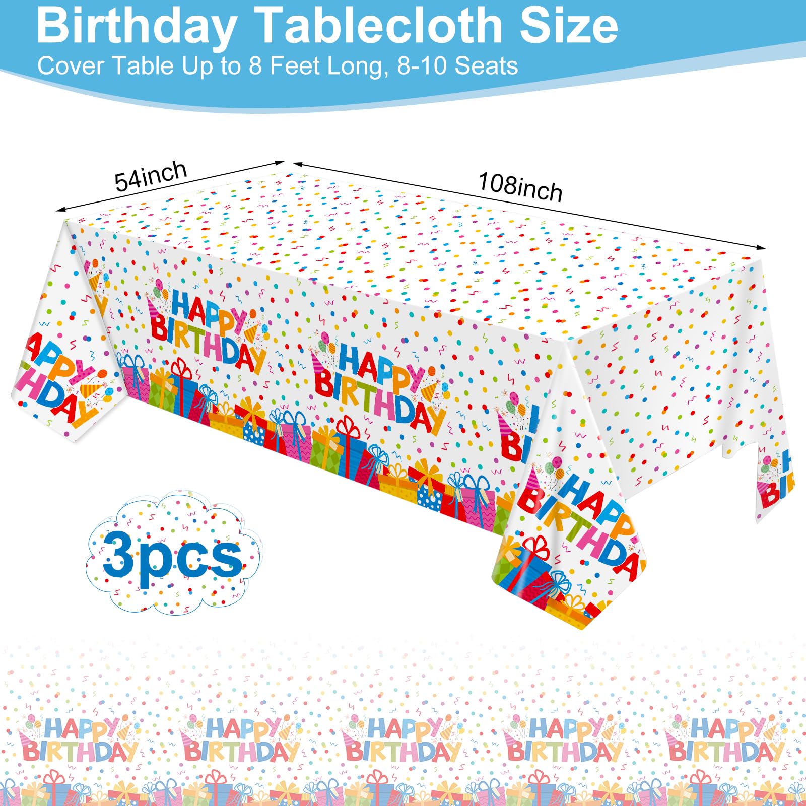 3 Pack Plastic Birthday Tablecloth, Disposable PE Happy Birthday Tablecloth