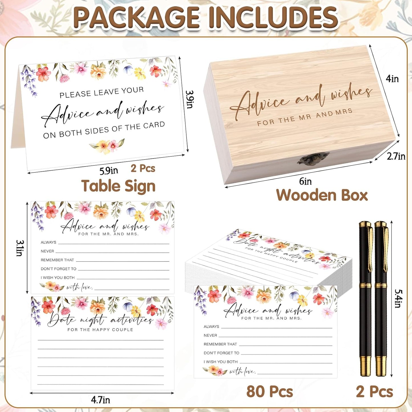 85 Pcs Advice and Wishes Cards Wooden Box Set for The Mr and Mrs,Pink Floral Rose Advice and Wishes Cards with Pen for the Groom and Bride,Bridal Shower Game,Wedding Party Decorations Supplies