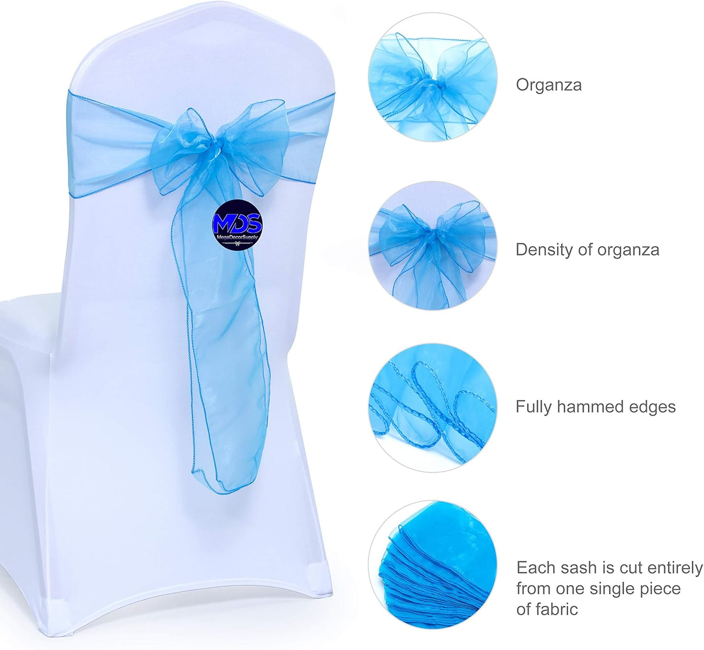 MDS Pack of 100 PCS Organza Chair Sashes Wider Dining Chair Bows Ribbon Tie Back for Wedding Party Birthday Bridal Shower Reception Event Banquet Home Chair Cover Decoration - Blue