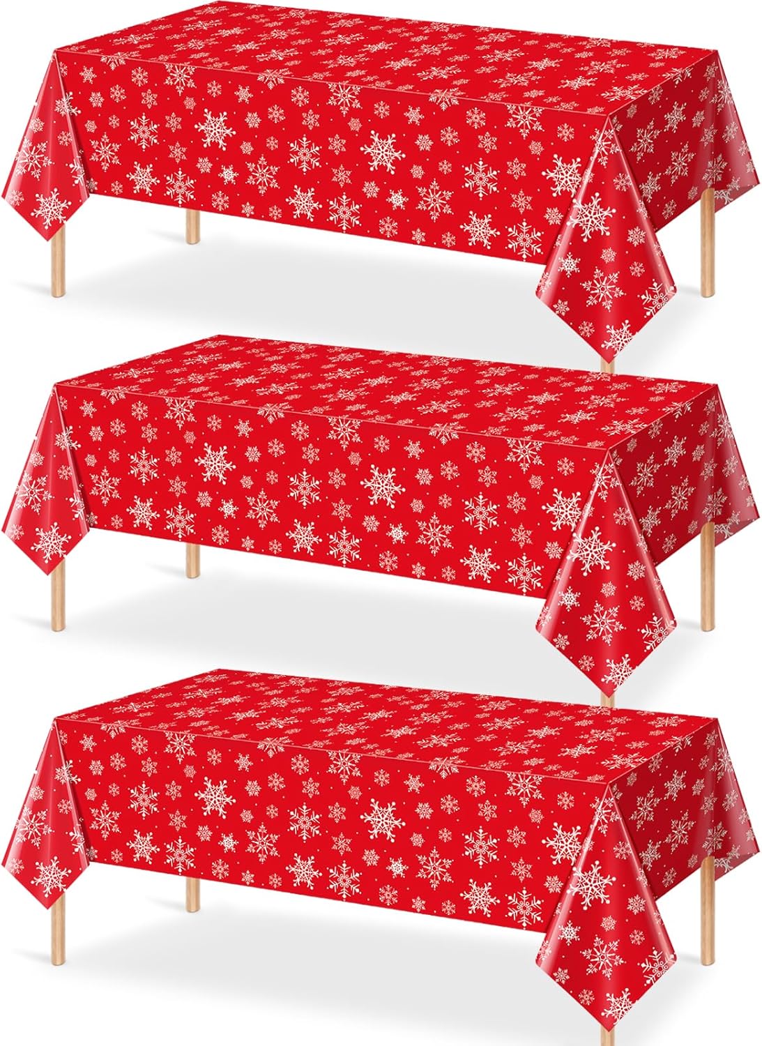 Jectivs 3 Pieces Christmas Snowflake Plastic Party Tablecloth Decorations,White Snowflake Red Xmas Backdrop Sign Table Cover Banner for Winter Christmas Holiday Party Supplies,54x108 inch (Red)