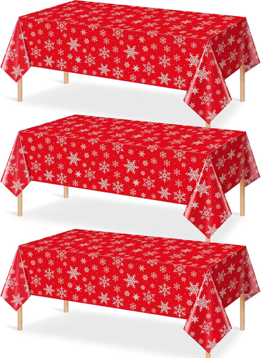 Jectivs 3 Pieces Christmas Snowflake Plastic Party Tablecloth Decorations,White Snowflake Red Xmas Backdrop Sign Table Cover Banner for Winter Christmas Holiday Party Supplies,54x108 inch (Red)