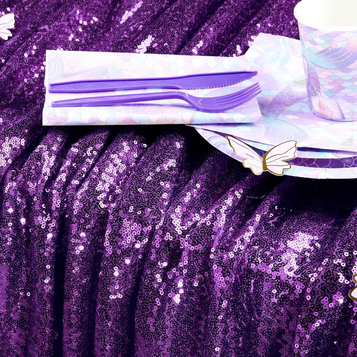 QueenDream Purple Tablecloth Sequin Fabric Table Cloths 90x90 Inch Halloween Party Decorations Purple Overlay Drapes Birthday Party Xmas Decorations