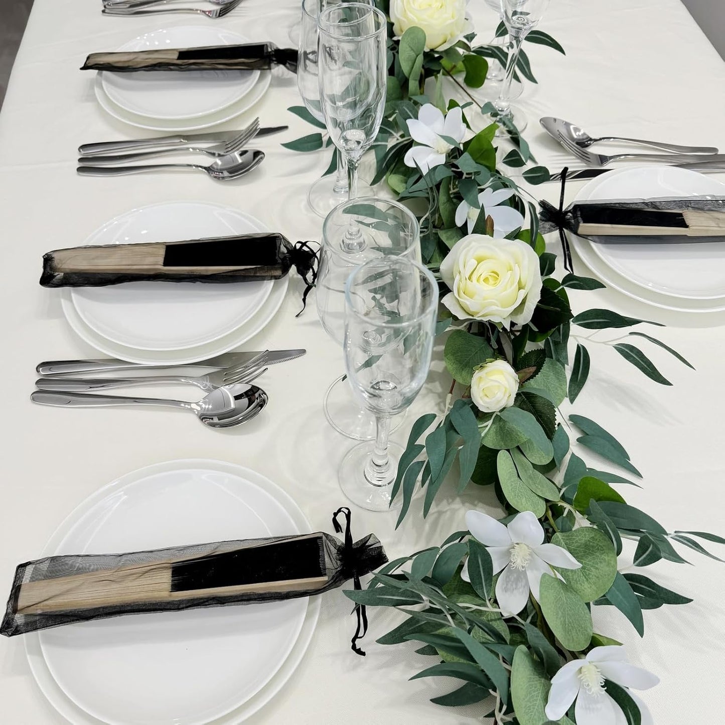 24pcs Imitated Silk Hand Fan Imitated Silk Fabric Bamboo Handheld Folded Fan Bridal Dancing Props Church Wedding Party Favors with Organza Bags (Black)