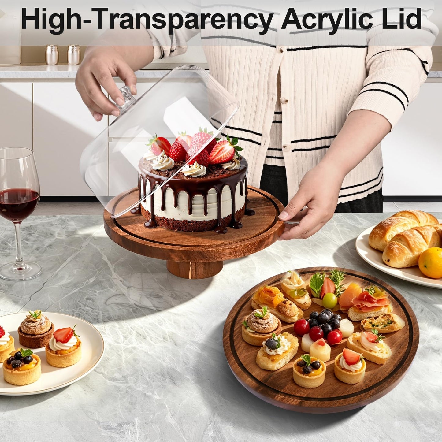 JOCHER Acacia Wood Cake Stand with Lid, 12in Cake Stand with Acrylic Dome (Not Glass), 2-In-1 Cake