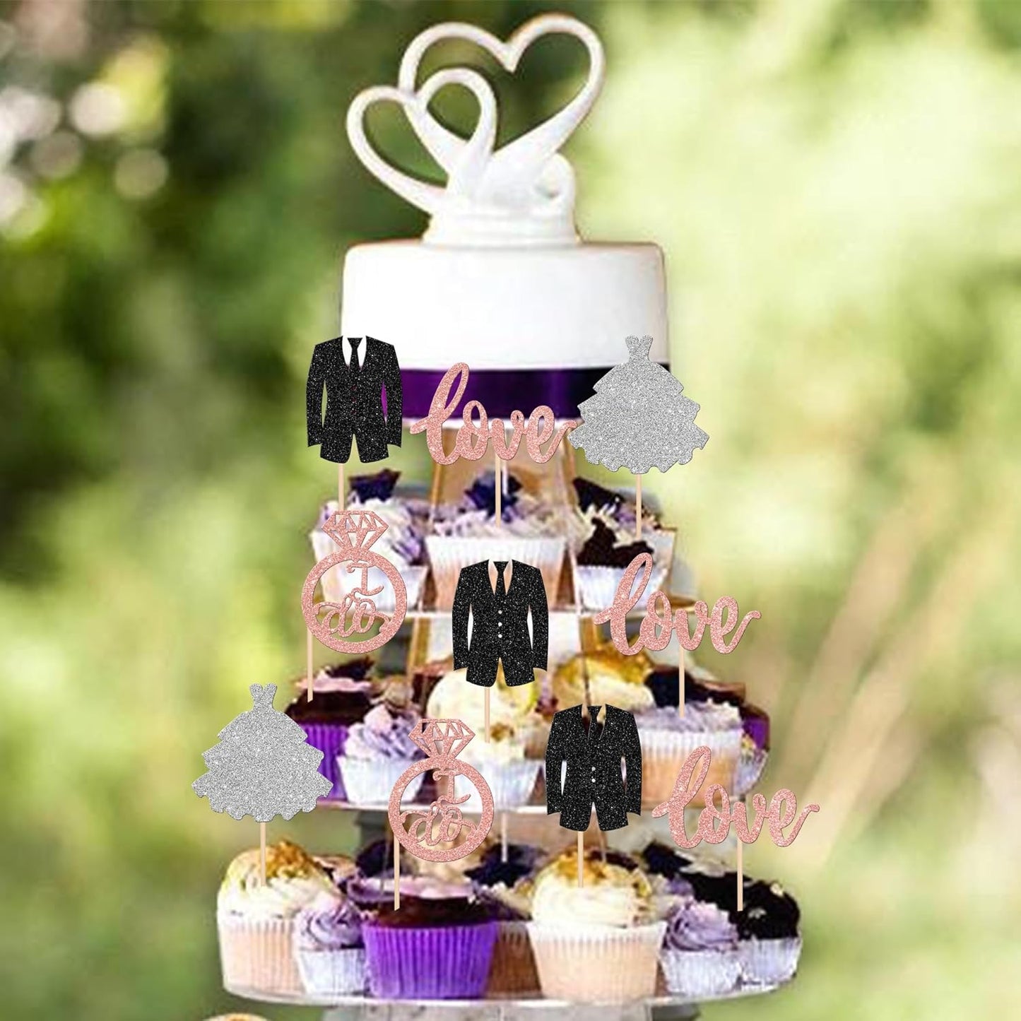 24 PCS Groom and Bride Cupcake Toppers Glitter Ring Love I Do Cupcake Picks Marriage Bridal Shower Cake Decorations for Wedding Engagement Bridal Shower Theme Party Supplies Rose Gold