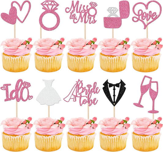 30 PCS Bride to Be Cupcake Toppers Glitter Miss to Mrs I Do Love Heart Ring Cupcake Picks Wedding Bridal Shower Cake Decorations for Wedding Engagement Bachelorette Party Supplies Pink