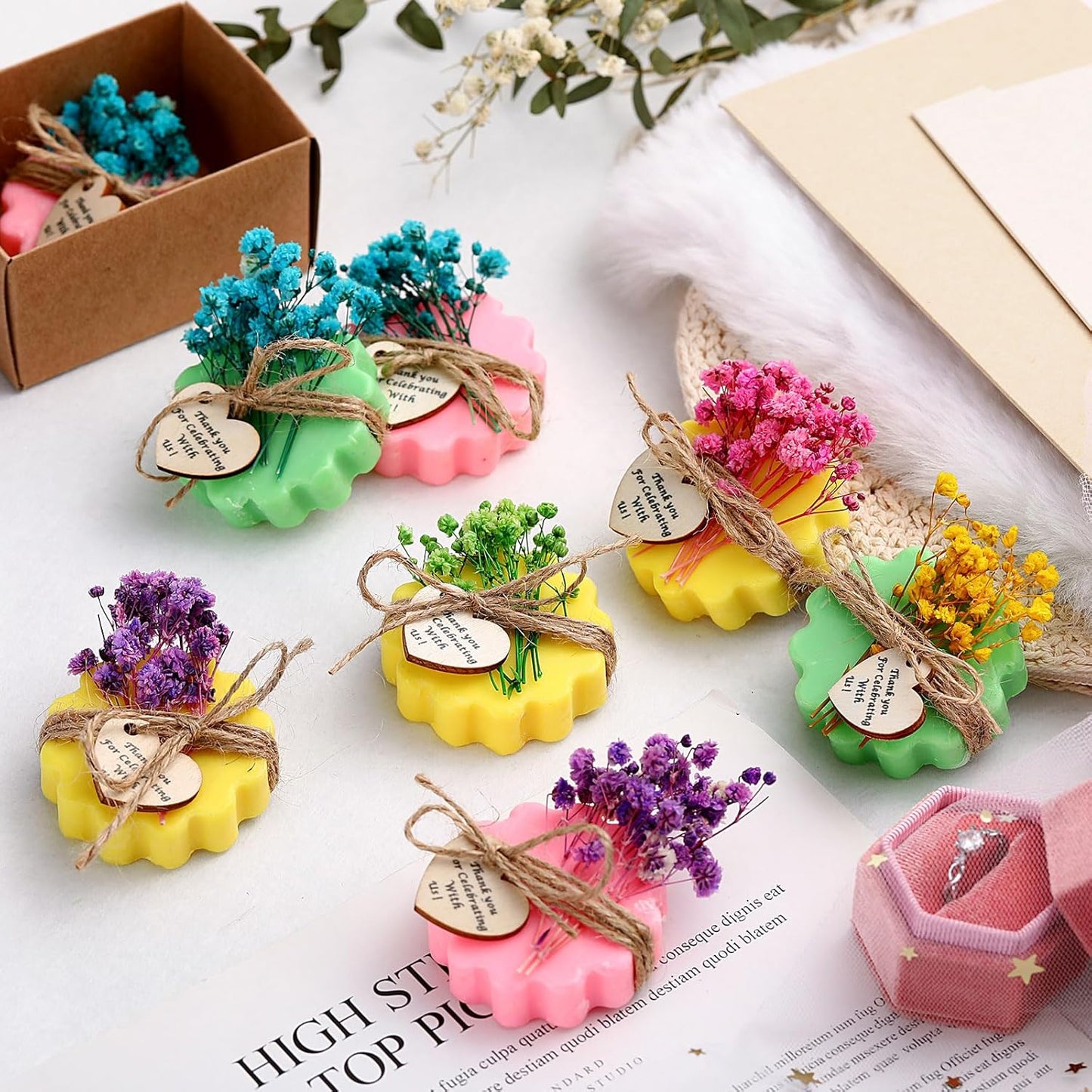 Kigeli Set of 45 Soap Favors DIY Bridal Shower Favors Bulk Wedding Soap Gifts Baby Shower Scented Soap Favors Natural Handmade Soap Bars for Wedding Bridal Shower (Green, Yellow, Red, Flower)