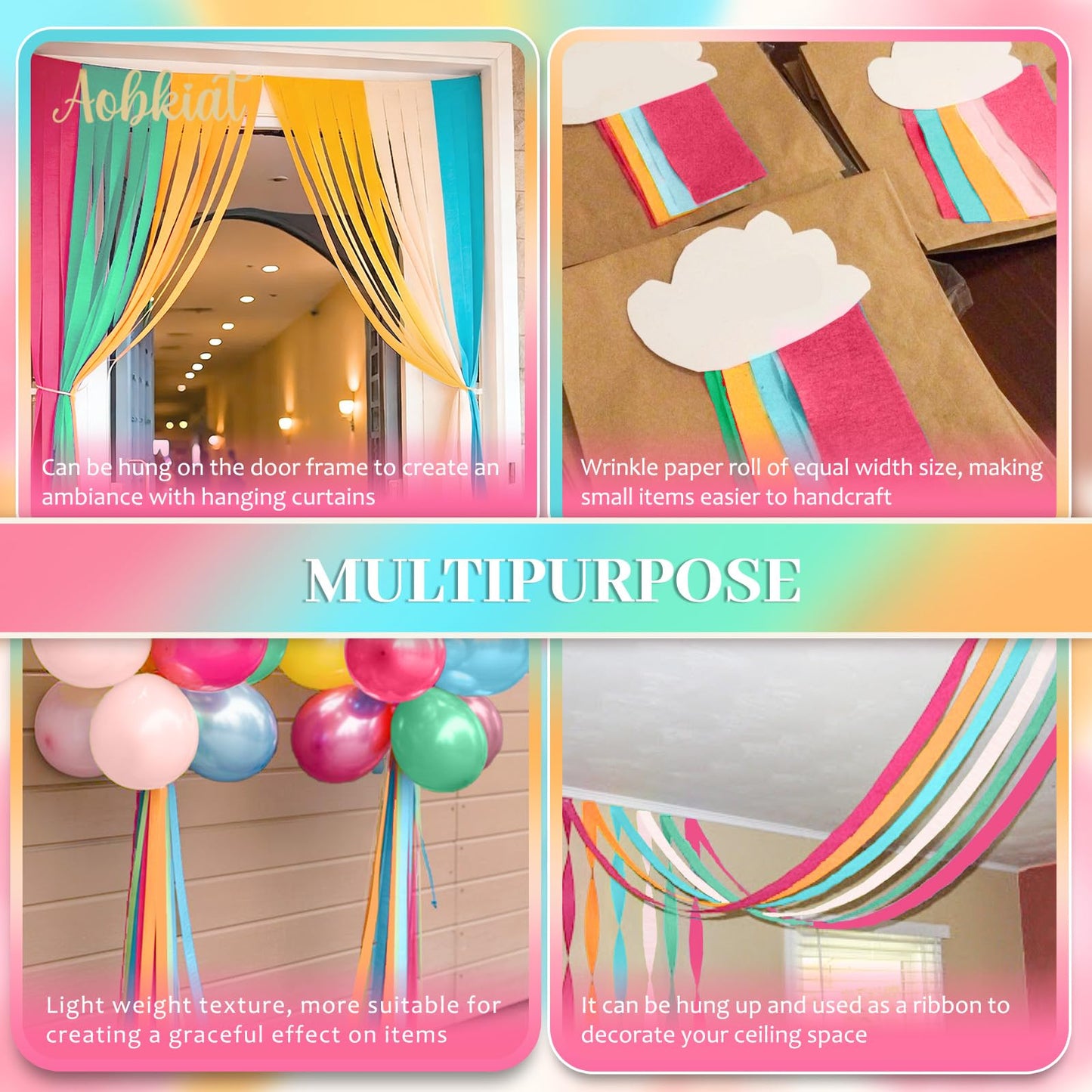 AOBKIAT 5 Rolls Rainbow Streamers Crepe Paper,Candyland Party Decorations