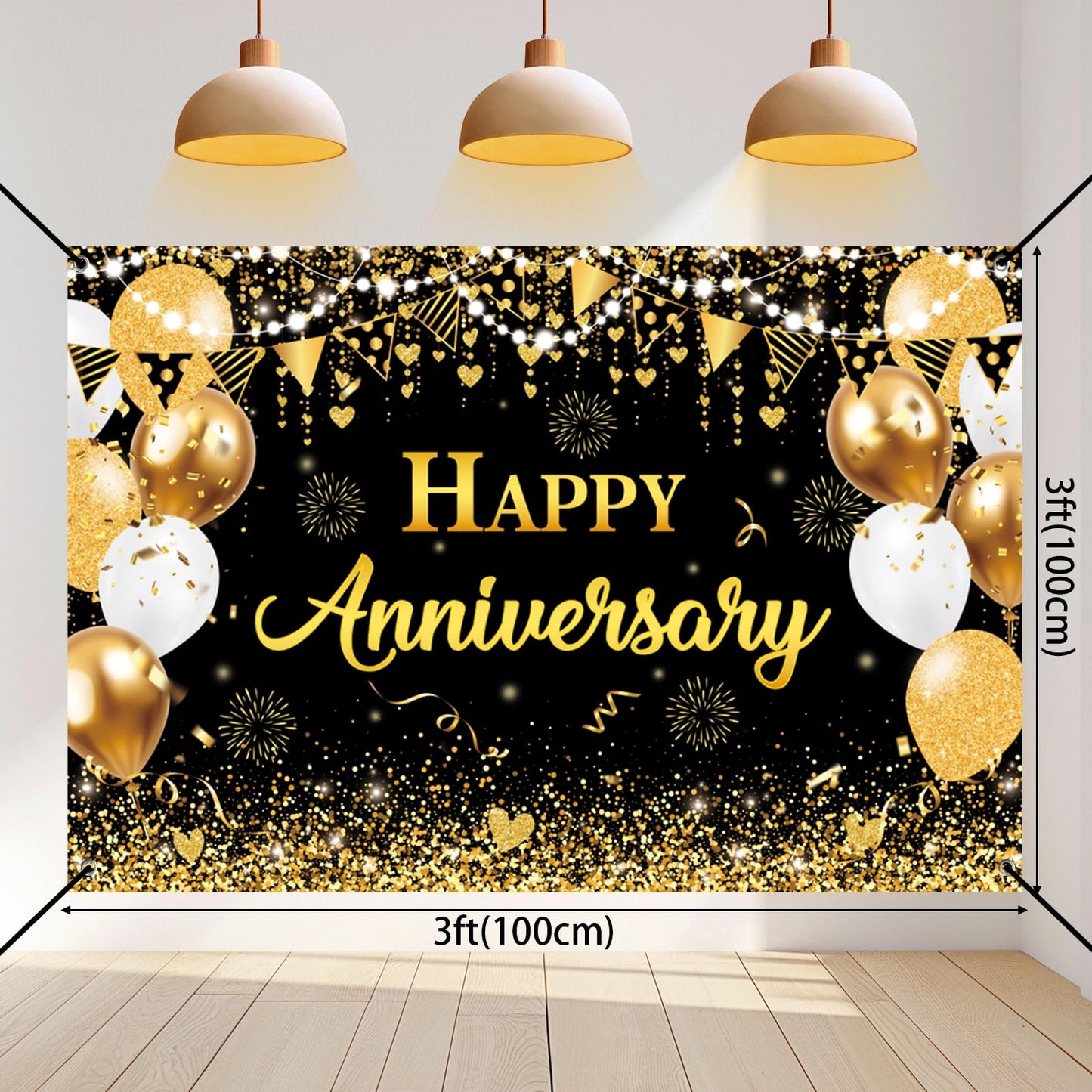 Happy Anniversary Decorations - Black Gold Wedding Party Decorations Kit, Happy Anniversary Banner