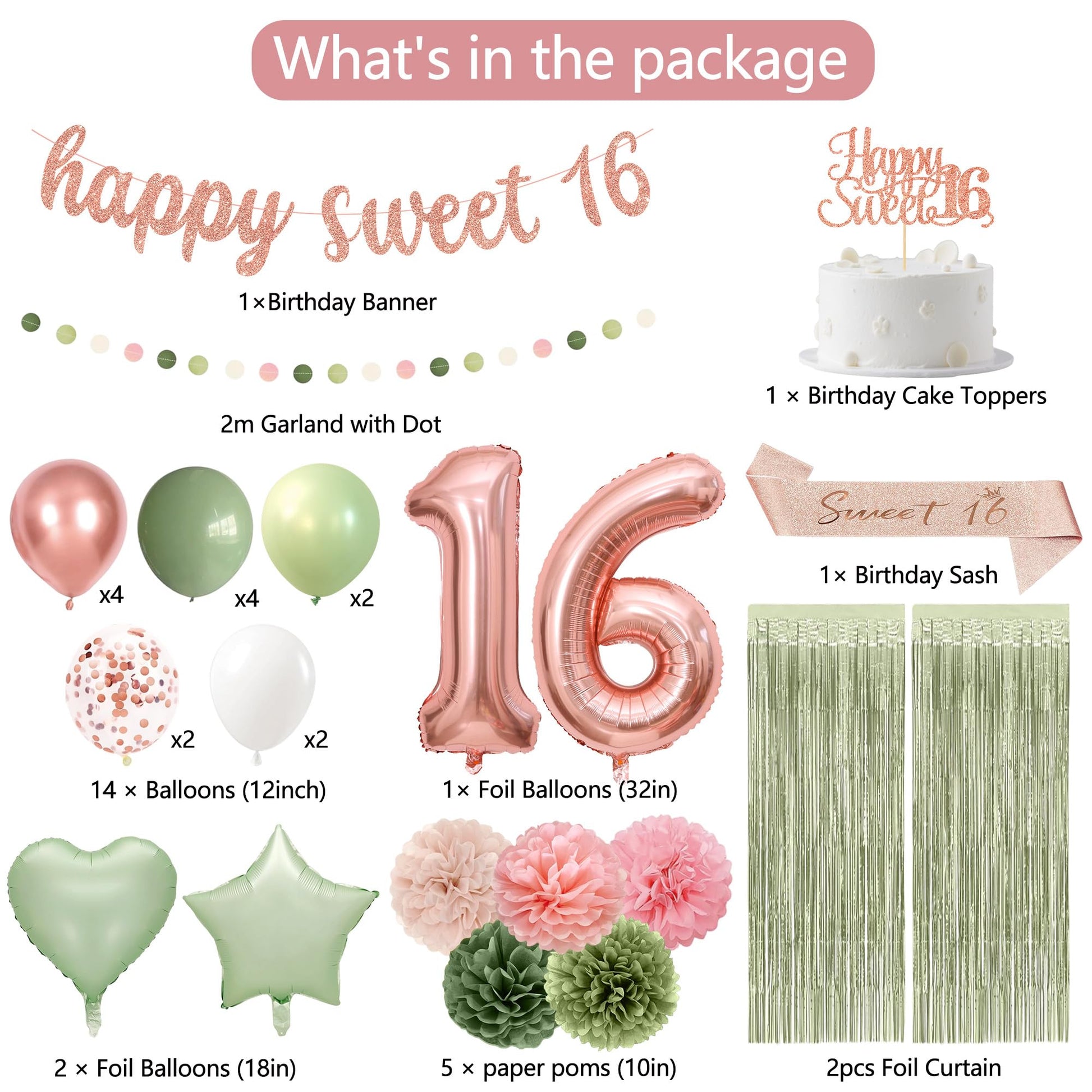 Holkcog Sweet 16 Party Decorations for Girls, Happy 16th Birthday Supply