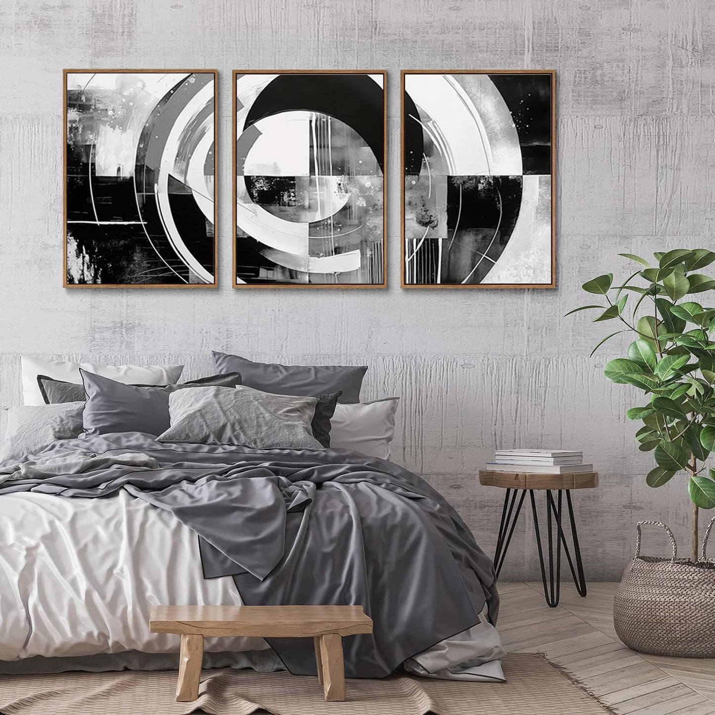 myusuar 3 Piece Large Modern Abstract Canvas Framed Wall Art For Living Room, Black And White Rings Minimalist Wall Art Decor Posters Prints For Bedroom Office, 12x16in